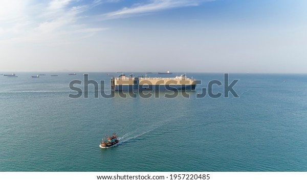 aerial view car carrier ship runing have wave\
in sea, bangkok,\
thailand.