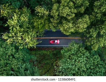 Aerial View Of A Car Driving Down A Dark Road Through The Woods