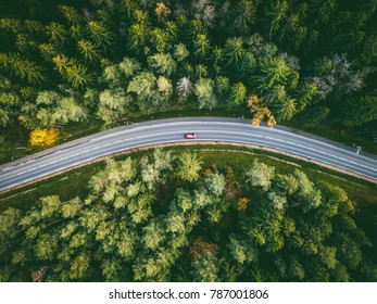 Aerial view of car driving through the forest on country road. Kaunas county, Lithuania