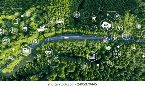 Aerial view of car in green forest with icons representing eco-friendly transport. Clean and greenhouse-free green transport concept in electric drive mode.