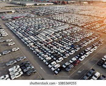 Aerial View A Lot Of Car For Import And Export Shipping By Ship.