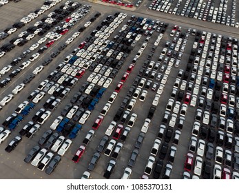 Aerial View A Lot Of Car For Import And Export Shipping By Ship.