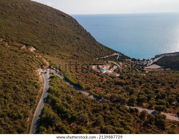 aerial view of car moving by road at Lefkada island
Greece near ionian sea