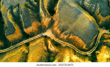 Aerial view of a car on a winding dirt road in arid hills. Aerial perspective capturing a white car navigating a winding dirt road through a rugged, dry landscape of hills and canyons. - Powered by Shutterstock