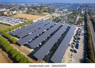 Aerial View Of A Car Park With Solar Panels. Rimini, Italy - October 2021