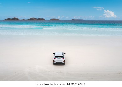 Aerial View Of Car Parking In Beach At Lucky Bay In Cape Le Grand National Park, Near Esperance, Western Australia, Australia. Landscape And Travel, Or Nature And Sightseeing In Summer Concept