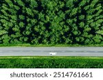 Aerial view of Caravan trailer or Camper rv on the road and green woods in summer Finland.