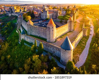 Aerial view of Carcassonne, a French fortified city in the department of Aude, in the region of Occitanie, in France