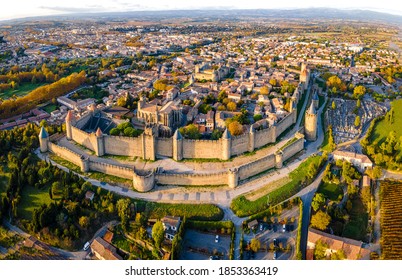 Aerial view of Carcassonne, a French fortified city in the department of Aude, in the region of Occitanie, in France