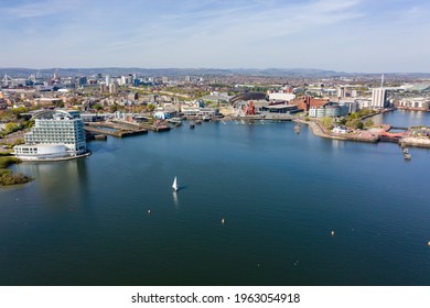 Aerial view of Cardiff Bay and the background city of Cardiff, capital of Wales