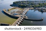 Aerial view of the Cardiff Bay lagoon, barrage and Bristol Channel near the village of Penarth