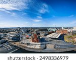 Aerial view of Cardiff Bay on a warm summers afternoon