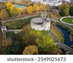 Aerial view of Cardiff Castle and Bute Park with colourful autumn leaves