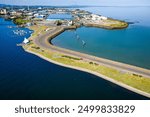 Aerial view of Cardiff Docks and Barrage on a warm summers day