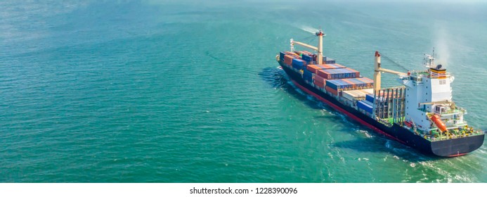 Aerial view of cargo ships in the sea are transported container to the port. Import export and shipping business logistic and transportation of International by ship, Panoramic banner with copy space