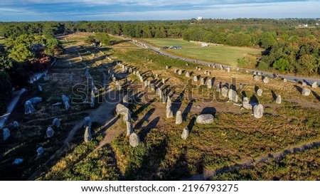 Aerial view of the Carnac stone alignments of Kermario in Morbihan, France - Prehistoric menhirs and megaliths in rows in Brittany