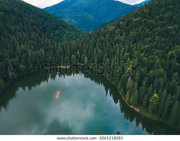 aerial view\
of carpathian lake synevyr autumn\
season
