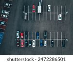 Aerial view of cars at car park, almost empty parking lot by the store in Finland.