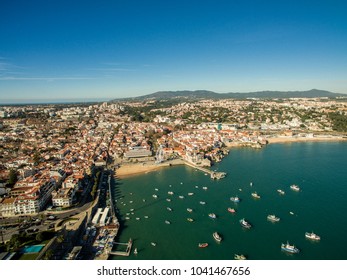 Aerial view of Cascais, Portugal. City, ocean and boats