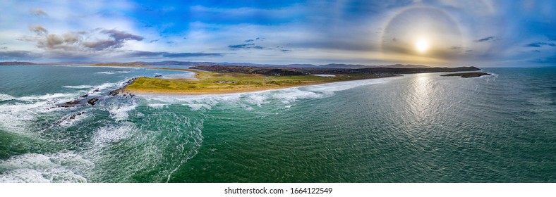 Aerial view of Cashelgolan, Castlegoland, beach, Carrickfad and the awarded Narin Beach by Portnoo County Donegal, Ireland inkluding an amazing 22degree Halo.