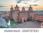 Aerial view of Castello Estense in the Italian town Ferrara.