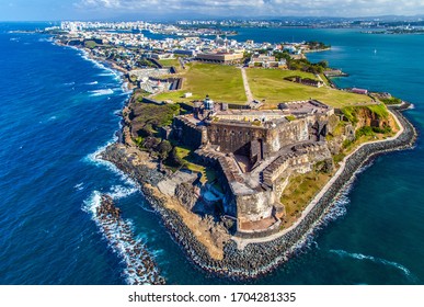 Aerial view of Castillo San Felipe del Morro in Old San Juan, Puerto Rico. The fort, also referred to as El Morro, was designed to guard the entrance to San Juan Bay.