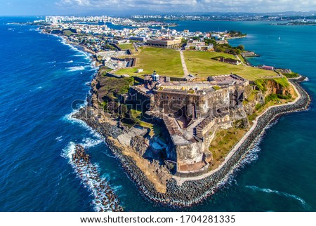 Aerial view of Castillo San Felipe del Morro in Old San Juan, Puerto Rico. The fort, also referred to as El Morro, was designed to guard the entrance to San Juan Bay.