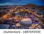 Aerial View of Castle Rock, Colorado with Christmas Lights at Dusk