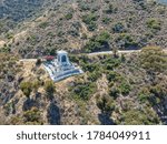 Aerial view of Catalina Chimes Tower, Spanish-style tower built in 1925. Avalon Bay in Santa Catalina Island, tourist attraction in Southern California, USA