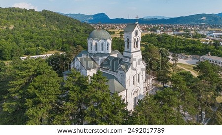 Similar – Image, Stock Photo Drone view of church palace city and residential buildings