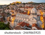 Aerial view of the Cathedral of Saint James at twilight in Sibenik old town, Dalmatia, Croatia. Famous historic and touristic town in Croatia. UNESCO World Heritage List.