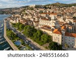 Aerial view of the Cathedral of Saint James at sunset in Sibenik old town, Dalmatia, Croatia. Famous historic and touristic town in Croatia. UNESCO World Heritage List.