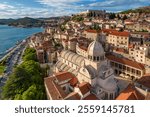 Aerial view of the Cathedral of Saint James at sunset in Sibenik old town, Dalmatia, Croatia. Famous historic and touristic town in Croatia. UNESCO World Heritage List.