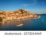 Aerial view of the Cathedral of Saint James at sunset in Sibenik old town, Dalmatia, Croatia. Famous historic and touristic town in Croatia. UNESCO World Heritage List.