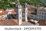 Aerial view of the Cathedral of Saint Tryphon in the old town of Kotor at the end of the Bay of Kotor on the coast of the Adriatic Sea in Montenegro