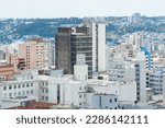 Aerial view of Caxias do Sul city center and Eberle clock tower; Rio Grande do Sul, Brazil