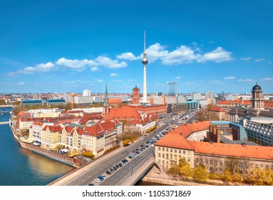 Aerial view of central Berlin on a bright day in Autumn, including river Spree and television tower at Alexanderplatz