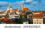 Aerial view of central Munich and Isartor, the one of four main gates of the medieval city wall, Germany, Europe