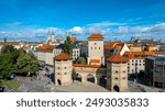 Aerial view of central Munich and Isartor, the one of four main gates of the medieval city wall, Germany, Europe