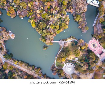 Aerial View Of Central Park Lake In Autumn. New York Fall