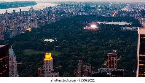 Aerial View Of Central Park With A Musical Concert In New York City.