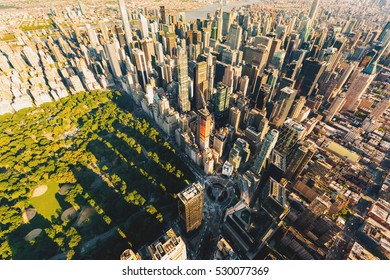 Aerial view of  Central Park in New York City at sunset