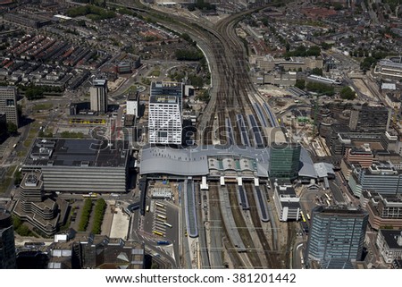  Aerial view of the central railway station in Utrecht, Netherlands.