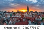 aerial view of the central square of the town hall and castle in poznan in poland at sunset in spring