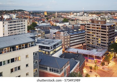 Aerial view of the centre of Nottingham City, uk at twilight
