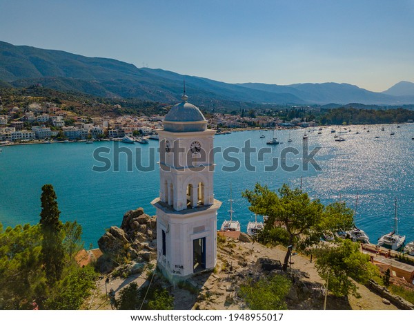 Aerial view of the chapel on the island of Poros.\
Greece in the summer