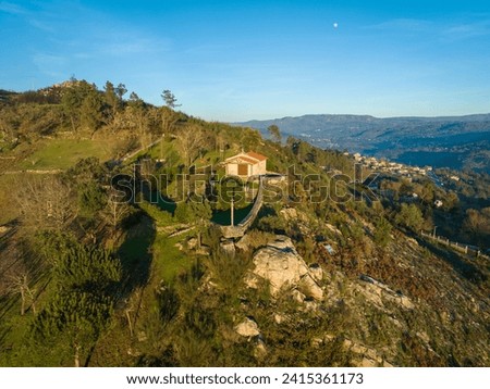 Aerial view of the chapel of San Marcos da Costa, on a hilltop north of the city of Ourense in Galicia, Spain.