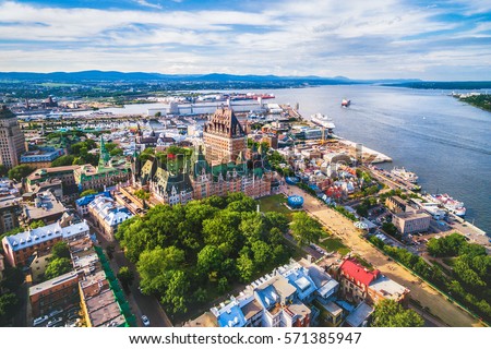 Aerial view of Chateau Frontenac hotel and Old Port in Quebec City, Canada.