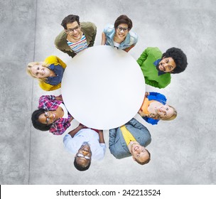 Aerial View Cheerful People Looking Up Conference Table