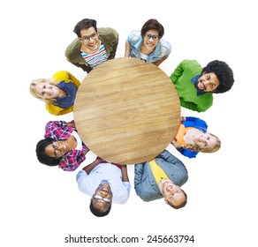 Aerial View Cheerful People Looking Up Conference Table